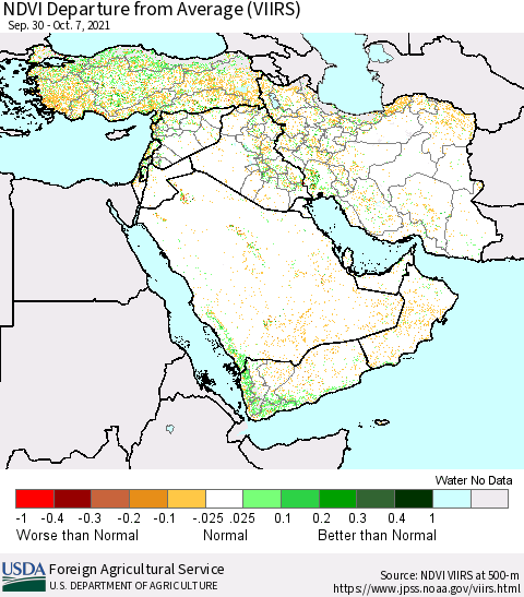 Middle East and Turkey NDVI Departure from Average (VIIRS) Thematic Map For 10/1/2021 - 10/10/2021