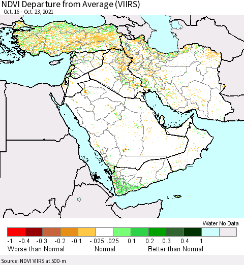 Middle East and Turkey NDVI Departure from Average (VIIRS) Thematic Map For 10/16/2021 - 10/23/2021