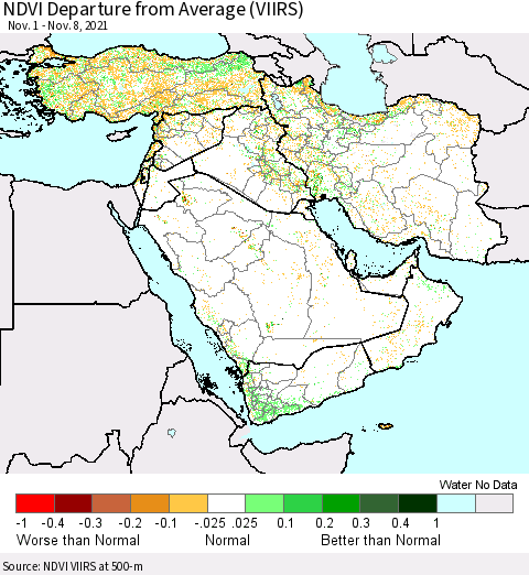 Middle East and Turkey NDVI Departure from Average (VIIRS) Thematic Map For 11/1/2021 - 11/8/2021