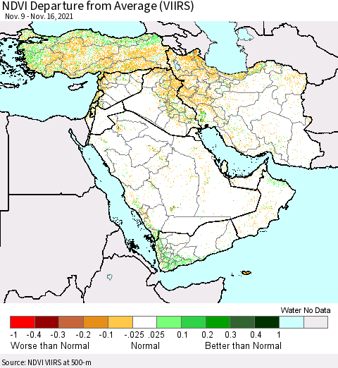 Middle East and Turkey NDVI Departure from Average (VIIRS) Thematic Map For 11/9/2021 - 11/16/2021