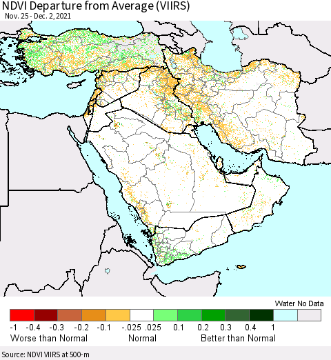 Middle East and Turkey NDVI Departure from Average (VIIRS) Thematic Map For 11/25/2021 - 12/2/2021