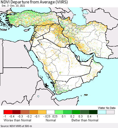 Middle East and Turkey NDVI Departure from Average (VIIRS) Thematic Map For 12/3/2021 - 12/10/2021