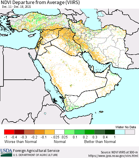 Middle East and Turkey NDVI Departure from Average (VIIRS) Thematic Map For 12/11/2021 - 12/20/2021