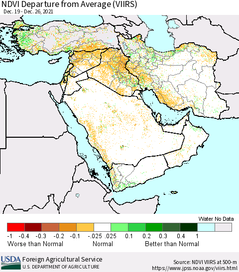 Middle East and Turkey NDVI Departure from Average (VIIRS) Thematic Map For 12/21/2021 - 12/31/2021