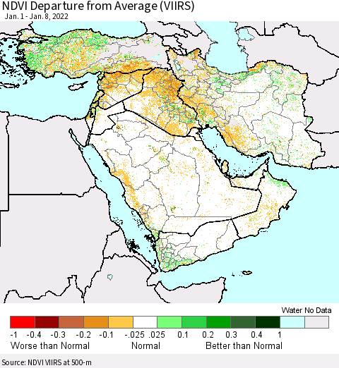 Middle East and Turkey NDVI Departure from Average (VIIRS) Thematic Map For 1/1/2022 - 1/8/2022