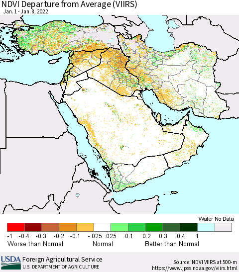 Middle East and Turkey NDVI Departure from Average (VIIRS) Thematic Map For 1/1/2022 - 1/10/2022