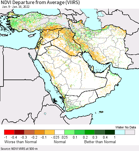 Middle East and Turkey NDVI Departure from Average (VIIRS) Thematic Map For 1/9/2022 - 1/16/2022