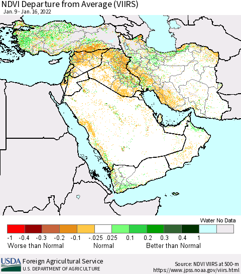 Middle East and Turkey NDVI Departure from Average (VIIRS) Thematic Map For 1/11/2022 - 1/20/2022