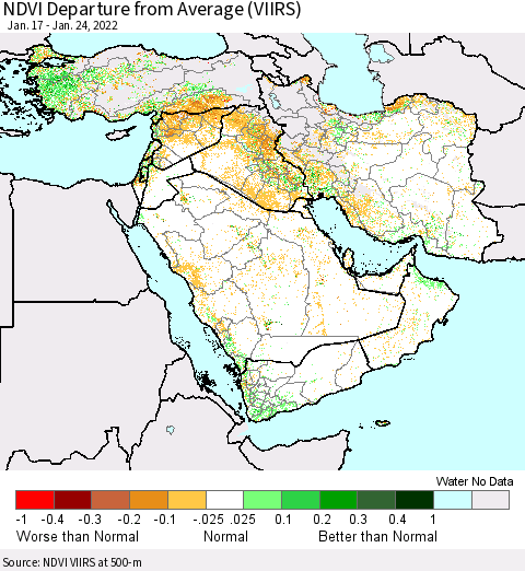 Middle East and Turkey NDVI Departure from Average (VIIRS) Thematic Map For 1/17/2022 - 1/24/2022