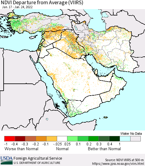 Middle East and Turkey NDVI Departure from Average (VIIRS) Thematic Map For 1/21/2022 - 1/31/2022