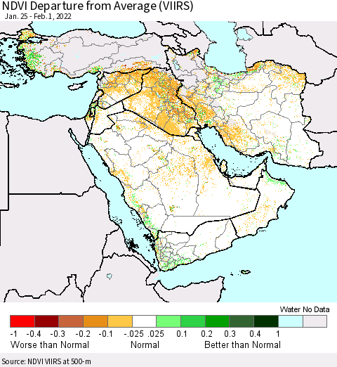 Middle East and Turkey NDVI Departure from Average (VIIRS) Thematic Map For 1/25/2022 - 2/1/2022