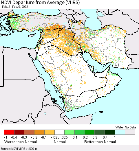 Middle East and Turkey NDVI Departure from Average (VIIRS) Thematic Map For 2/2/2022 - 2/9/2022
