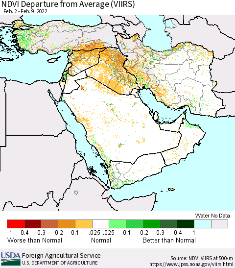Middle East and Turkey NDVI Departure from Average (VIIRS) Thematic Map For 2/1/2022 - 2/10/2022