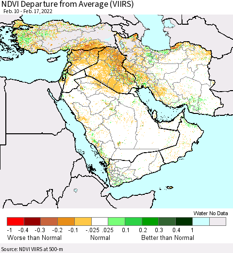 Middle East and Turkey NDVI Departure from Average (VIIRS) Thematic Map For 2/10/2022 - 2/17/2022