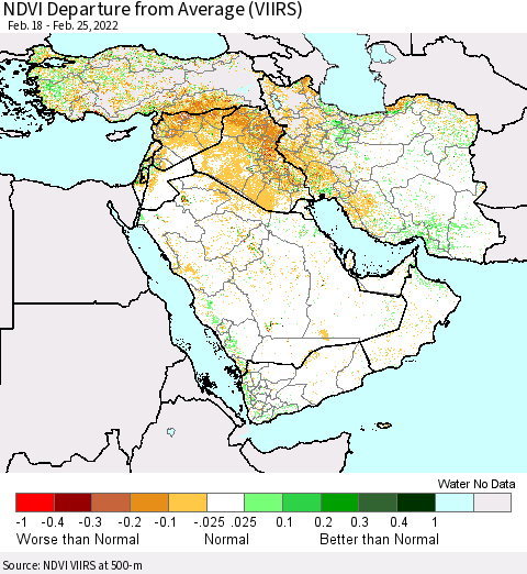 Middle East and Turkey NDVI Departure from Average (VIIRS) Thematic Map For 2/18/2022 - 2/25/2022