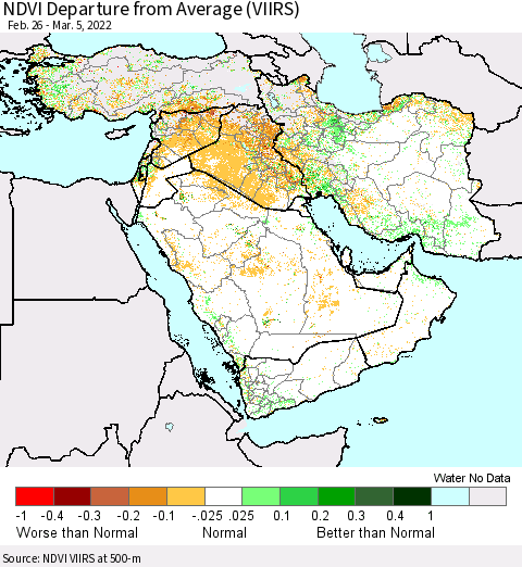Middle East and Turkey NDVI Departure from Average (VIIRS) Thematic Map For 2/26/2022 - 3/5/2022