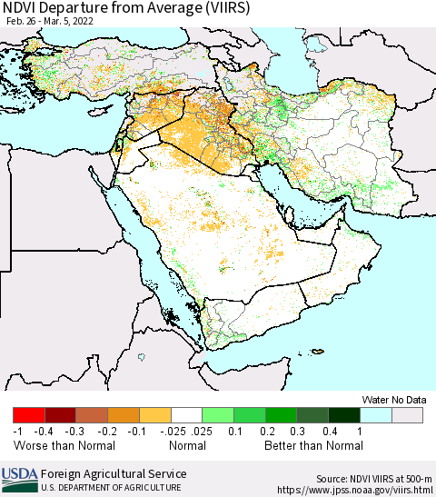 Middle East and Turkey NDVI Departure from Average (VIIRS) Thematic Map For 3/1/2022 - 3/10/2022