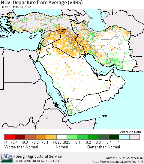 Middle East and Turkey NDVI Departure from Average (VIIRS) Thematic Map For 3/11/2022 - 3/20/2022