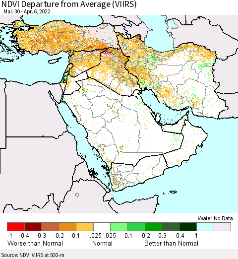 Middle East and Turkey NDVI Departure from Average (VIIRS) Thematic Map For 3/30/2022 - 4/6/2022