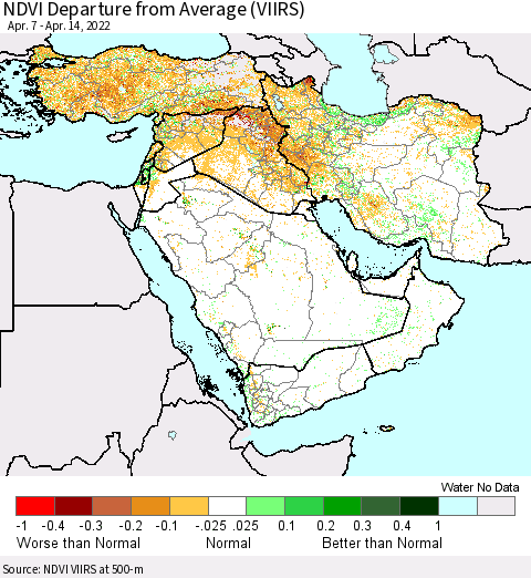 Middle East and Turkey NDVI Departure from Average (VIIRS) Thematic Map For 4/7/2022 - 4/14/2022