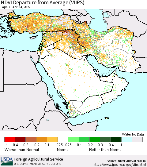 Middle East and Turkey NDVI Departure from Average (VIIRS) Thematic Map For 4/11/2022 - 4/20/2022