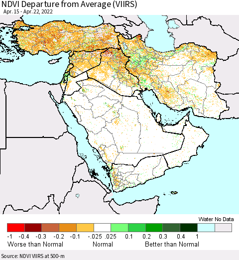 Middle East and Turkey NDVI Departure from Average (VIIRS) Thematic Map For 4/15/2022 - 4/22/2022