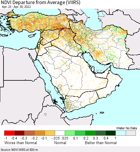 Middle East and Turkey NDVI Departure from Average (VIIRS) Thematic Map For 4/23/2022 - 4/30/2022