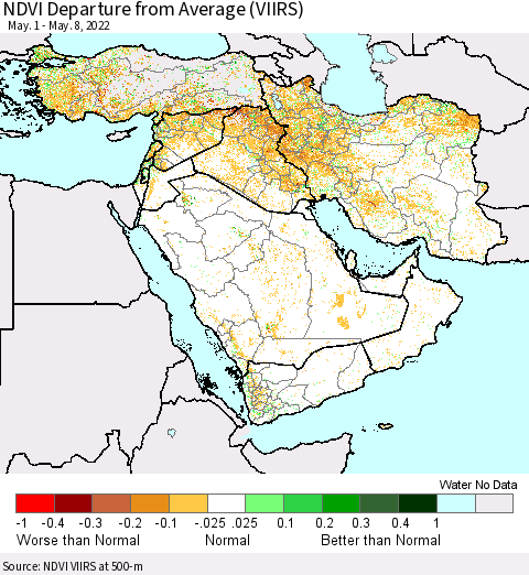 Middle East and Turkey NDVI Departure from Average (VIIRS) Thematic Map For 5/1/2022 - 5/8/2022