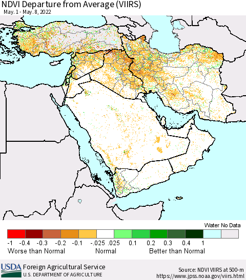 Middle East and Turkey NDVI Departure from Average (VIIRS) Thematic Map For 5/1/2022 - 5/10/2022