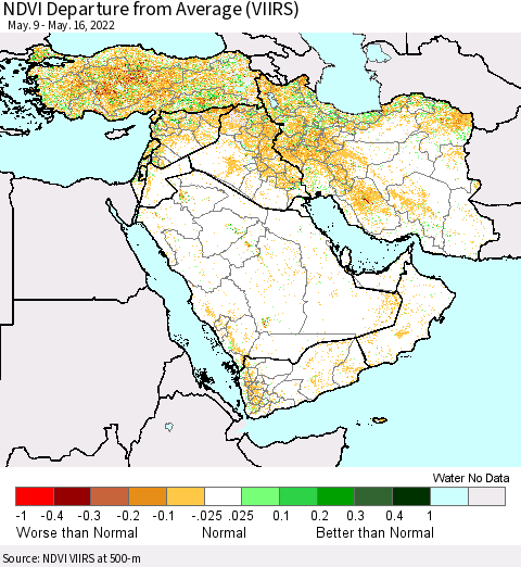 Middle East and Turkey NDVI Departure from Average (VIIRS) Thematic Map For 5/9/2022 - 5/16/2022