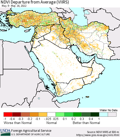 Middle East and Turkey NDVI Departure from Average (VIIRS) Thematic Map For 5/11/2022 - 5/20/2022