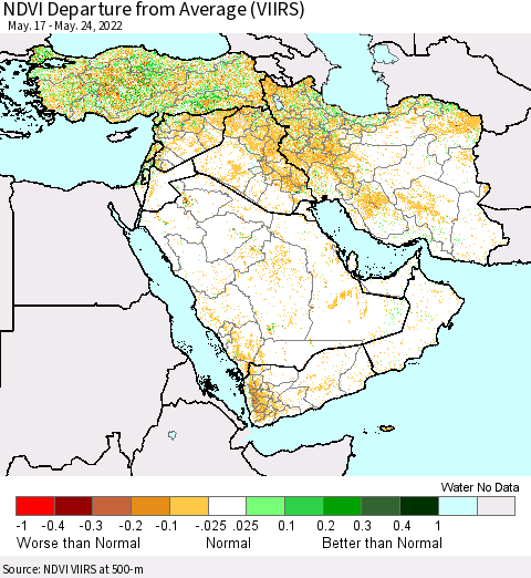 Middle East and Turkey NDVI Departure from Average (VIIRS) Thematic Map For 5/17/2022 - 5/24/2022