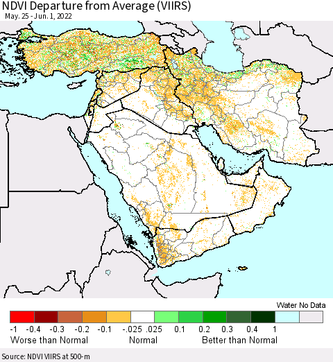 Middle East and Turkey NDVI Departure from Average (VIIRS) Thematic Map For 5/25/2022 - 6/1/2022