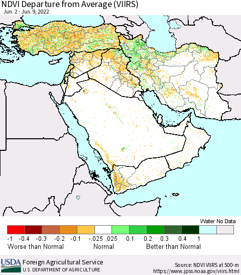 Middle East and Turkey NDVI Departure from Average (VIIRS) Thematic Map For 6/1/2022 - 6/10/2022