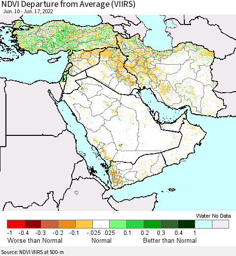Middle East and Turkey NDVI Departure from Average (VIIRS) Thematic Map For 6/10/2022 - 6/17/2022