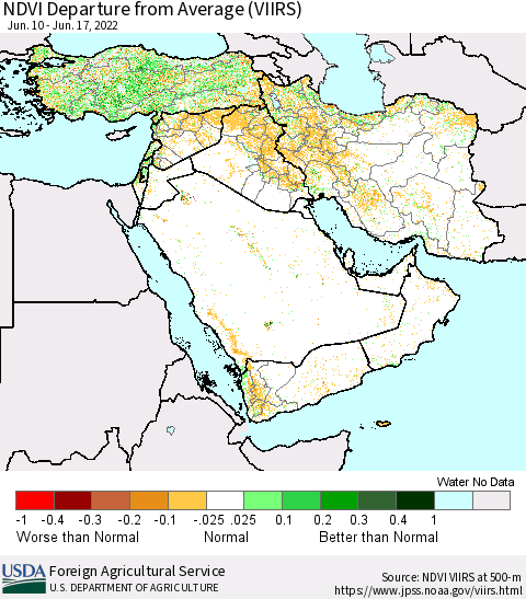 Middle East and Turkey NDVI Departure from Average (VIIRS) Thematic Map For 6/11/2022 - 6/20/2022