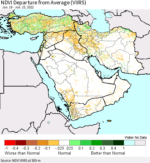 Middle East and Turkey NDVI Departure from Average (VIIRS) Thematic Map For 6/18/2022 - 6/25/2022