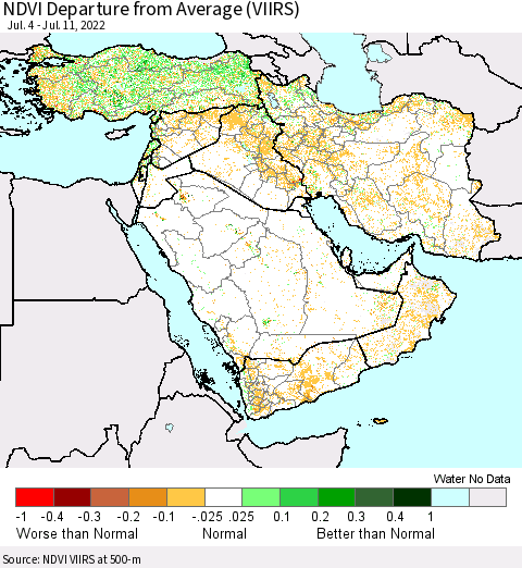 Middle East and Turkey NDVI Departure from Average (VIIRS) Thematic Map For 7/4/2022 - 7/11/2022