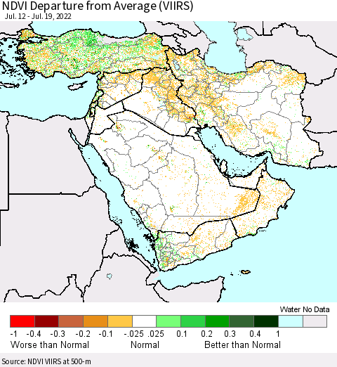 Middle East and Turkey NDVI Departure from Average (VIIRS) Thematic Map For 7/12/2022 - 7/19/2022