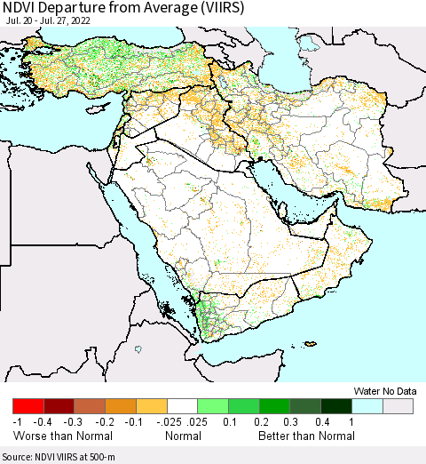 Middle East and Turkey NDVI Departure from Average (VIIRS) Thematic Map For 7/20/2022 - 7/27/2022