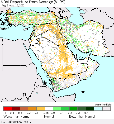 Middle East and Turkey NDVI Departure from Average (VIIRS) Thematic Map For 8/5/2022 - 8/12/2022