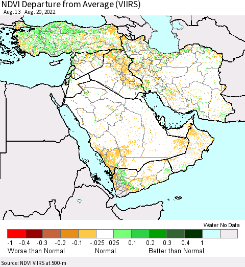 Middle East and Turkey NDVI Departure from Average (VIIRS) Thematic Map For 8/13/2022 - 8/20/2022