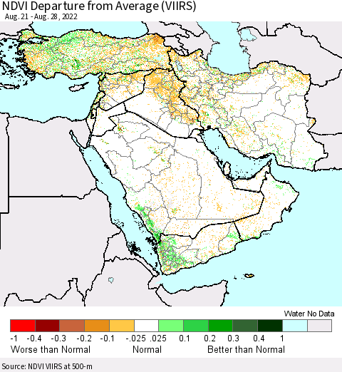 Middle East and Turkey NDVI Departure from Average (VIIRS) Thematic Map For 8/21/2022 - 8/28/2022