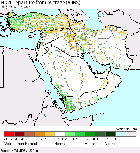 Middle East and Turkey NDVI Departure from Average (VIIRS) Thematic Map For 8/29/2022 - 9/5/2022