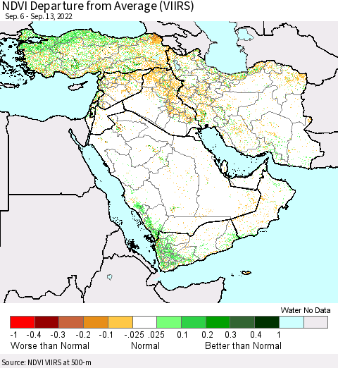 Middle East and Turkey NDVI Departure from Average (VIIRS) Thematic Map For 9/6/2022 - 9/13/2022