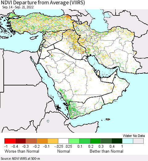 Middle East and Turkey NDVI Departure from Average (VIIRS) Thematic Map For 9/14/2022 - 9/21/2022