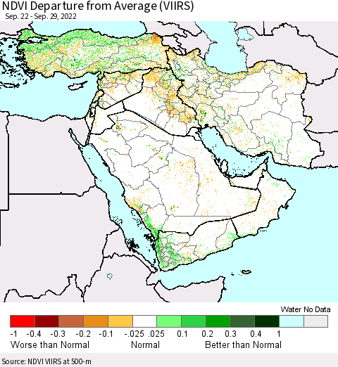 Middle East and Turkey NDVI Departure from Average (VIIRS) Thematic Map For 9/22/2022 - 9/29/2022