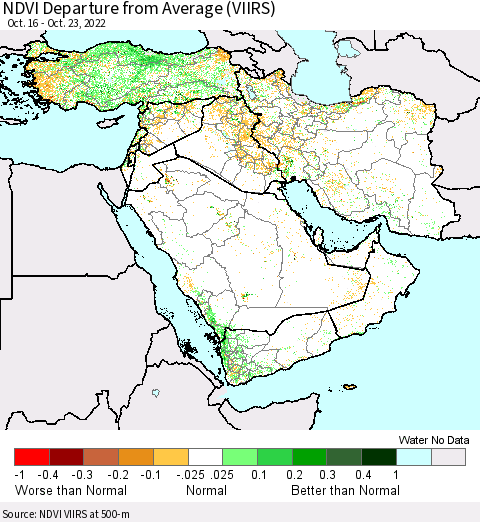 Middle East and Turkey NDVI Departure from Average (VIIRS) Thematic Map For 10/16/2022 - 10/23/2022