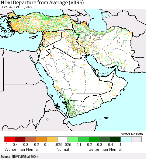 Middle East and Turkey NDVI Departure from Average (VIIRS) Thematic Map For 10/24/2022 - 10/31/2022