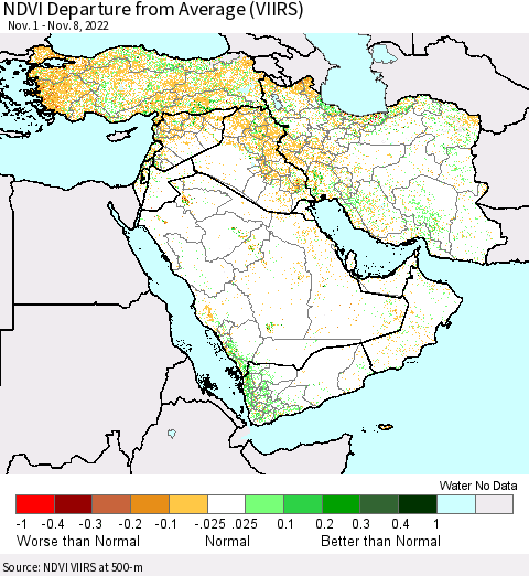 Middle East and Turkey NDVI Departure from Average (VIIRS) Thematic Map For 11/1/2022 - 11/8/2022